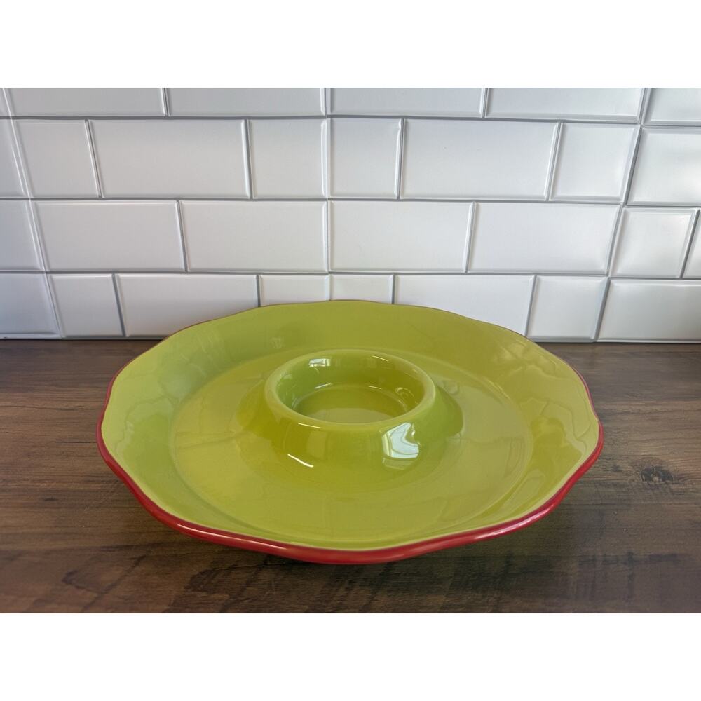 Tastefully Simple 14” Salsa Chip Dip Bowl Green W/Red Trim Never Used